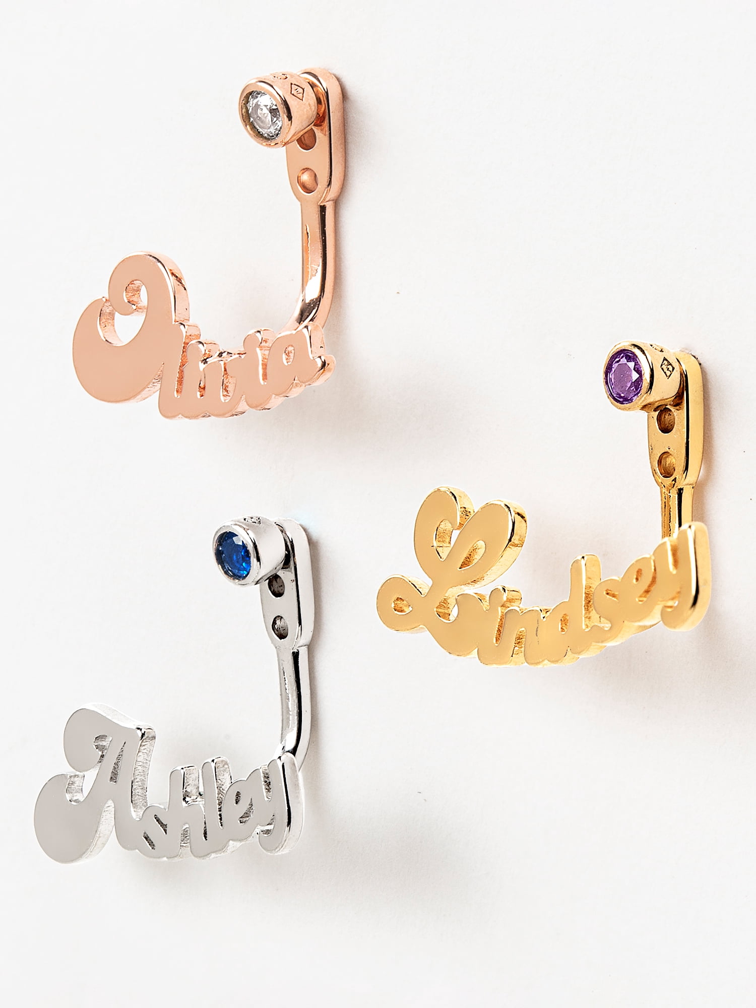 Personalized Bubble Script Name and Birthstone Front/ Back Earrings
