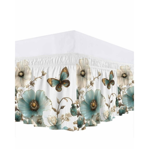 Blue Flowers Bed Skirt Butterfly Watercolor Floral Pastoral Style Bed Skirts Queen Size 18 Inch Drop, Wrap Around Dust Ruffle Bedskirt with Adjustable Elastic Belt for Queen Size Beds