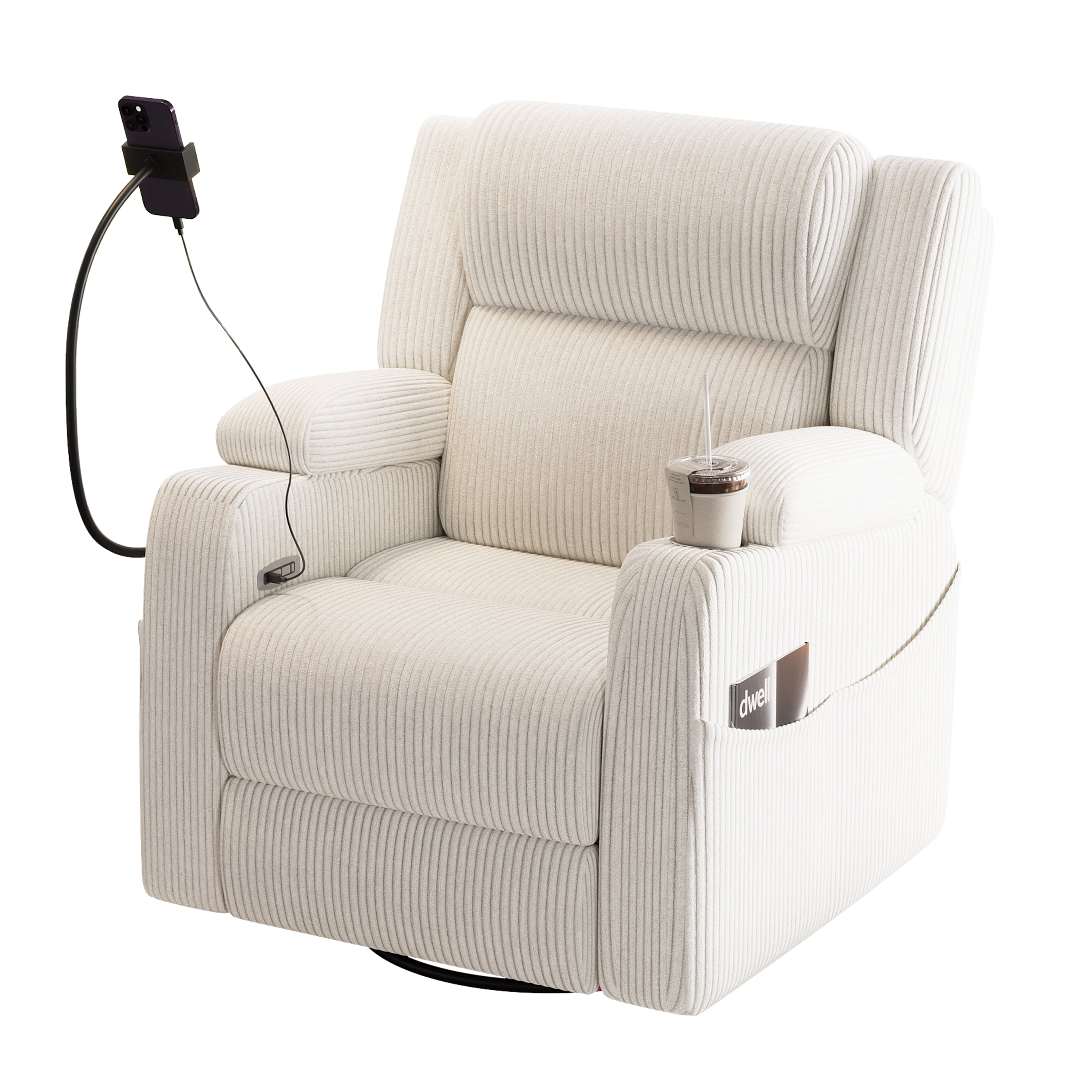 Mintazer Electric Power Recliner Chair with Heat & Massage, 270°Swivel Rocker Recliner with Phone Holder & USB and Hidden Storage for Living Room, Beige