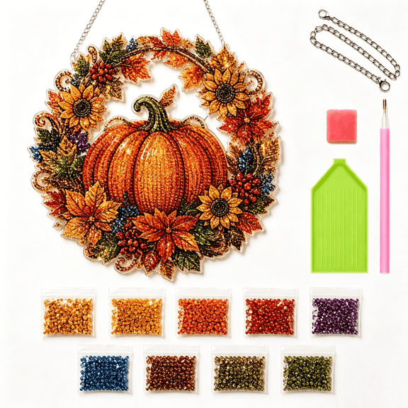Diamond Painting Kit Fall Pumpkin Suncatcher, Acrylic Window Hanging DIY 5D Craft, Thanksgiving Harvest Home Wall Decor for Autumn Halloween(A:25 cm)