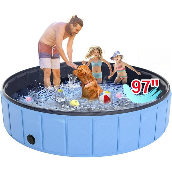 Giant Dog Pool 97"x16", Foldable Dog Swimming Pool, Hard Plastic PVC Leakproof Doggie Wading Collapsible Pet Bathing Tub for Puppy Small Medium Large Dogs and Kids, Blue