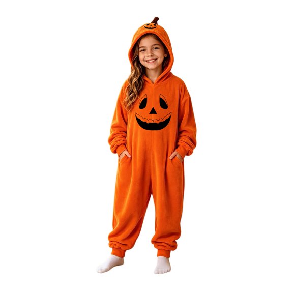 BOOMNY Halloween Toddler Girls Flannel Romper Hallowmas Pumpkin Face Graphic Long Sleeve Jumpsuits for Kids Soft Warm One Piece Fuzzy Rompers