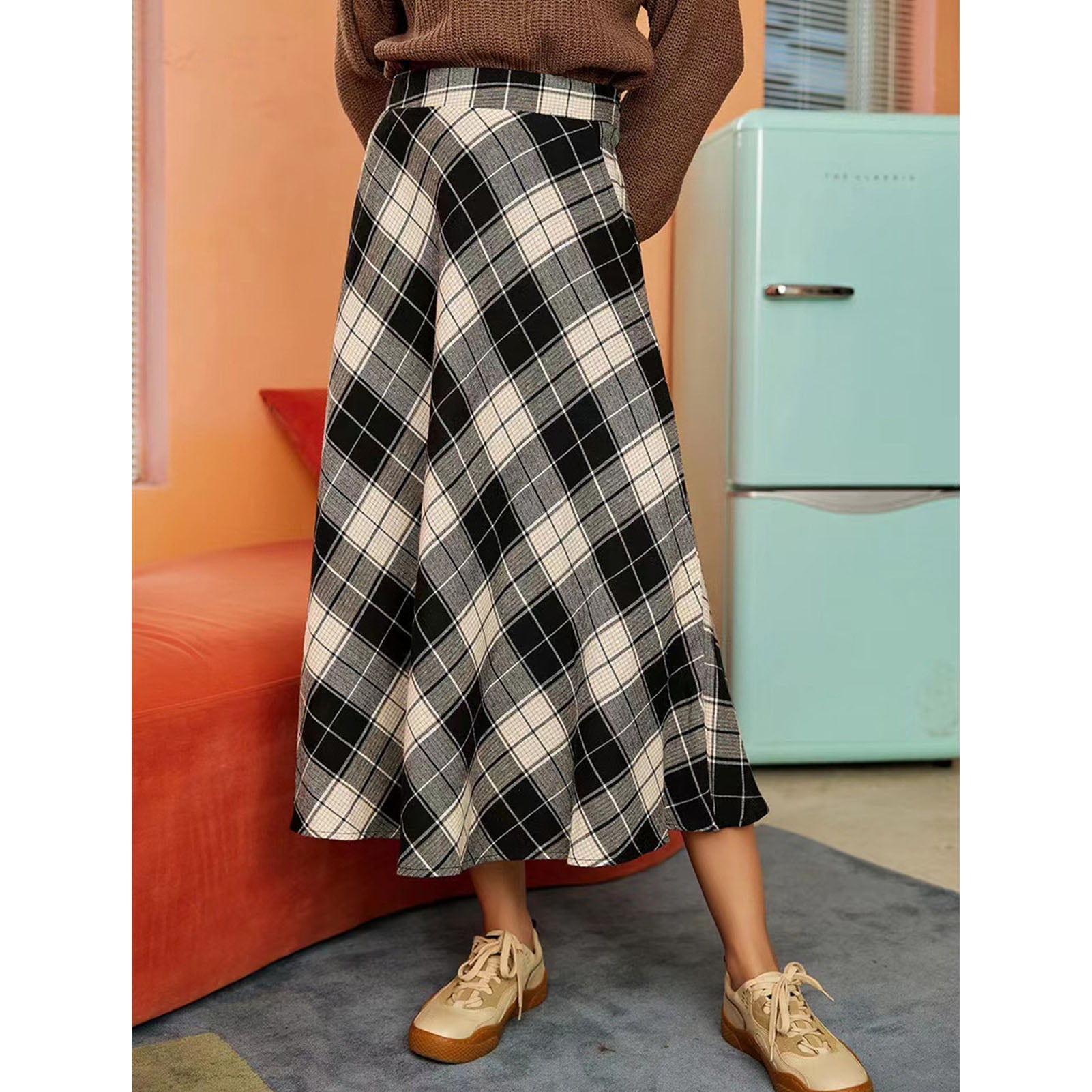 Plaid Mid Length Skirt Breathable Elastic Cotton Polyester Fiber High Waist A Line Plaid Skirt Wrinkle Free For Daily Life For Club Black L