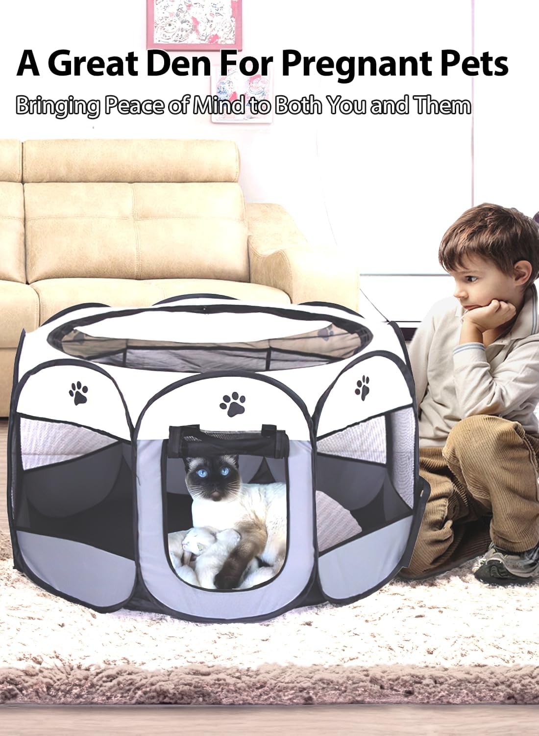 SAN LIKE 29" Portable Pets Playpen Foldable, Dog Crate with Zip, Puppy Playpen Kennel Washable, Indoor Pet Tent, Outdoor Pet Cage for Cats, Kitten, Small Dogs