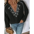 thumbnail image 6 of Women'S Boho Tops Long Sleeve V Neck Embroidery Blouse Linen Shirt Black XL, 6 of 8
