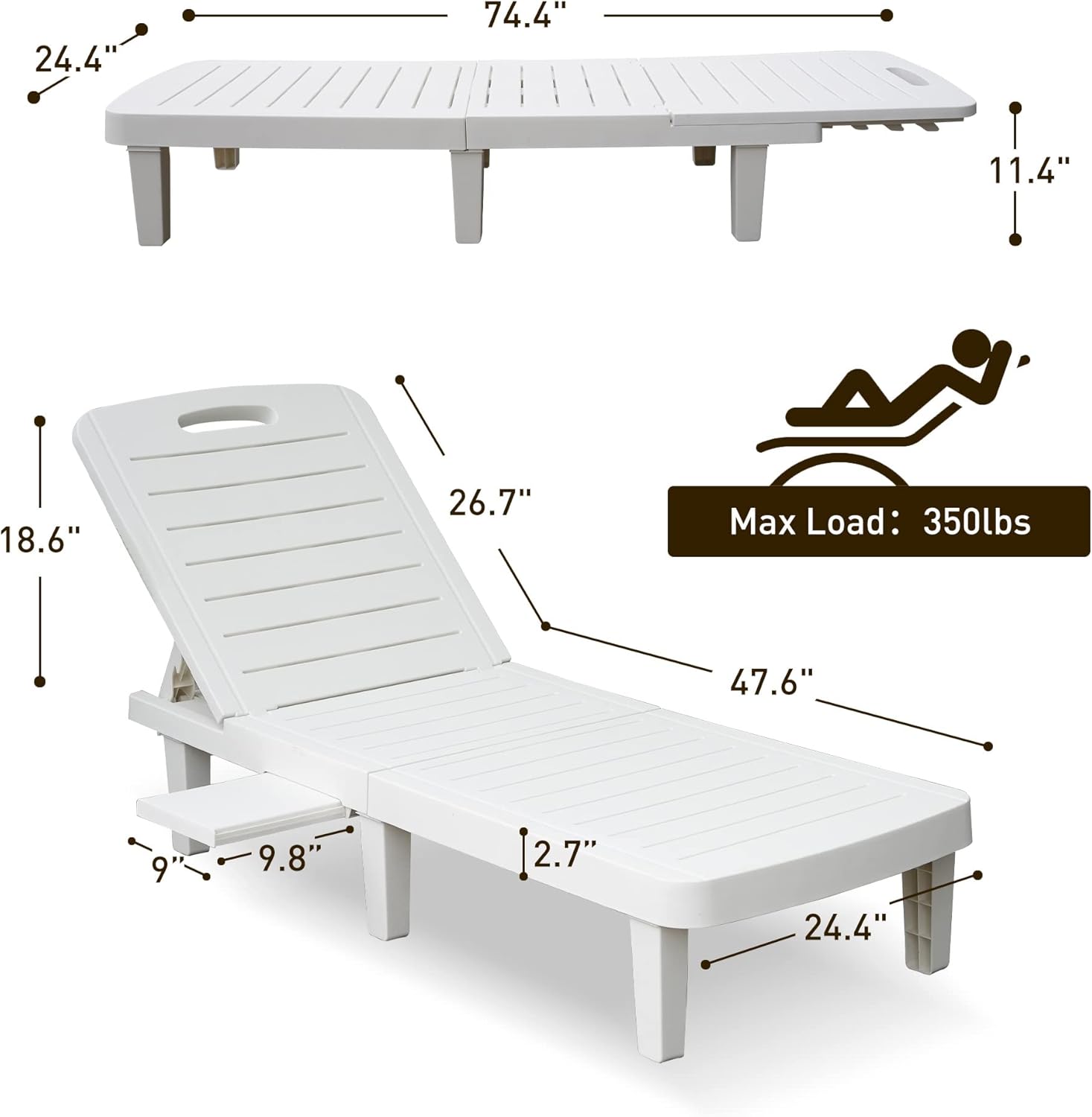 White Patio Lounge Chairs, Outdoor Chaise Lounge with Tray, Adjustable Backrest, Easy Assembly Waterproof Plastic Pool Chaise Lounge, Lightweight for Poolside, Beach, Patio,Yard