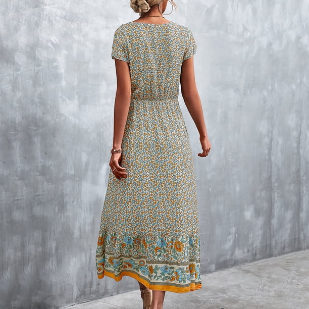 Women Floral Dress V Neck Short Sleeve Breathable Button Front Summer Long Dress for Daily Wear Apricot S - Walmart.ca Women Floral Dress V Neck Short Sleeve Breathable Button Front Summer Long Dress for Daily Wear Apricot S - Walmart.ca