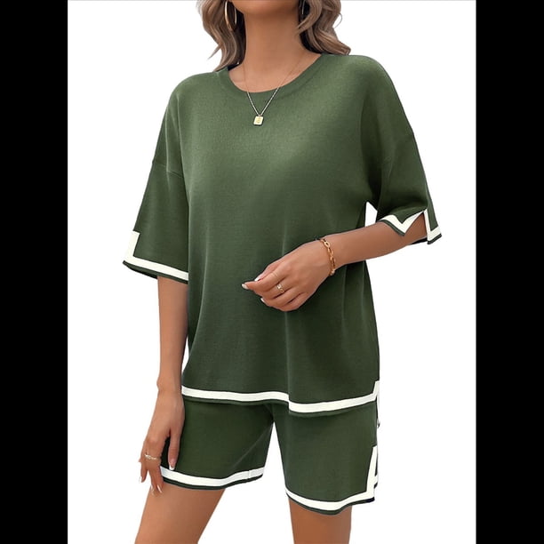 Conjuntos de Dos Piezas para Mujer: Jersey de Corta, Pantalones Anchos y Conjuntos de Viaje de Verano Verde S