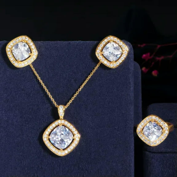 Yellow Gold Plated Square Cubic Zircon Necklace Earring Ring Women Jewelry Sets