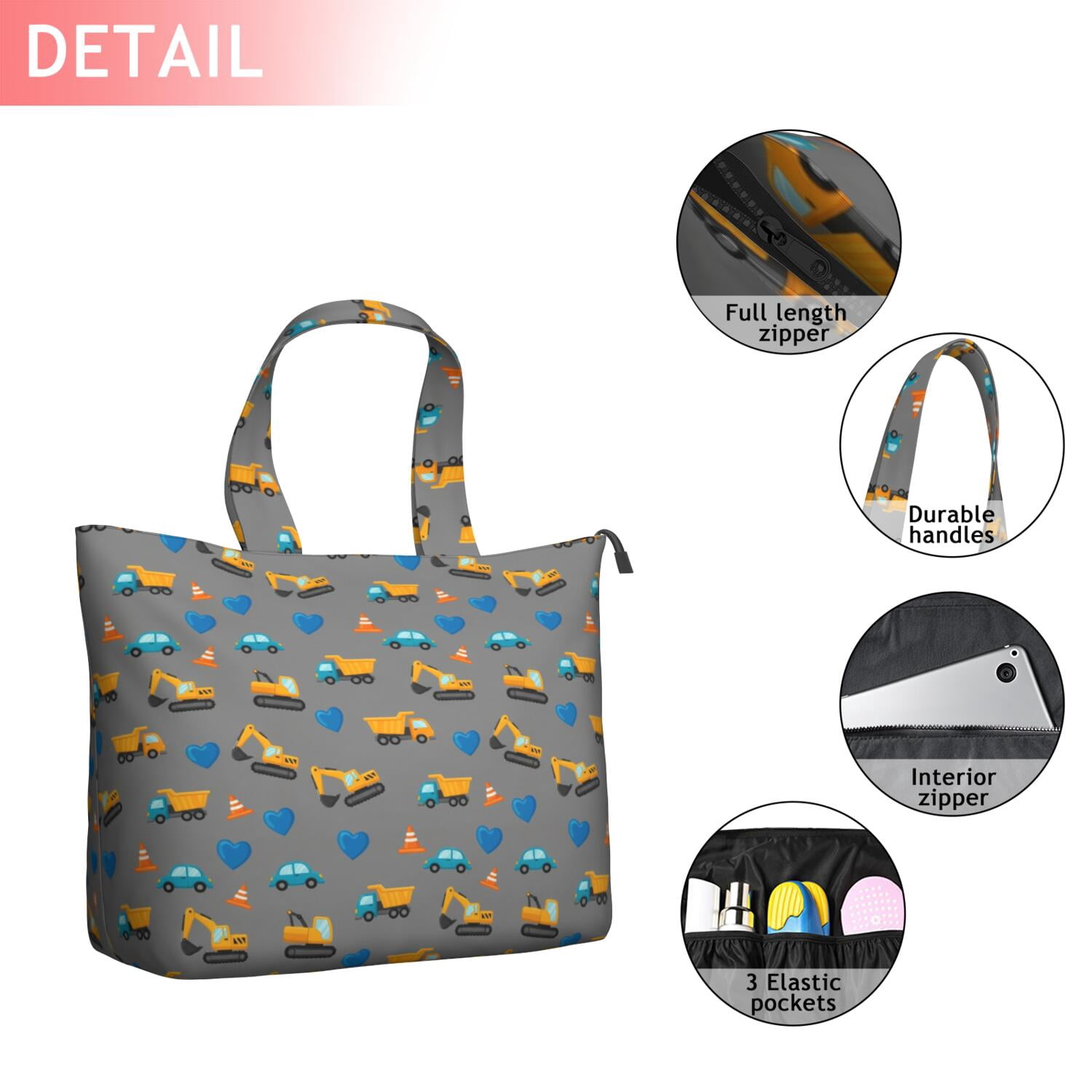 Cartoon Construction Vehicles Hearts Travel Tote Bags for Women Carry On,Large Weekender Bags for Women Travel,Multi Functional Duffle Bag for Work,Shopping,Sports
