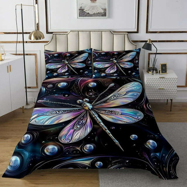 Erosebridal Wild Dragonfly Coverlet Set Queen, Abstract Purple Marble Bedding Set, Microfiber 3 Pieces