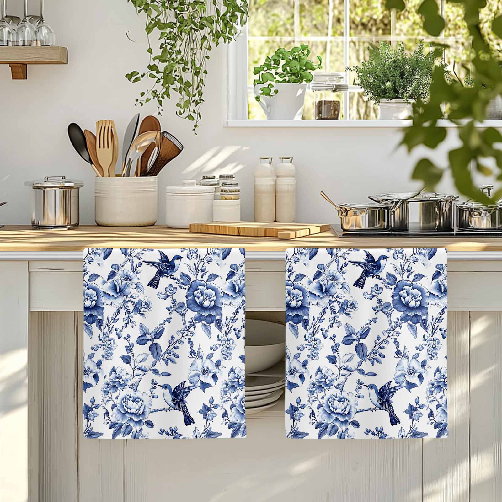 White Blue Spring Floral Kitchen Towels Set of 2, Summer Botanical Hummingbird Absorbent Dish Towels for Kitchen, Microfiber Hand Towel, Quick Drying Tea Towel for Cleaning Decorative Dishcloths