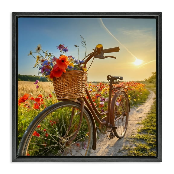 Stupell Industries Flower Stop Bicycle Transportation Photography Black Floater Framed Canvas Art Print Wall Art, 18 x 18