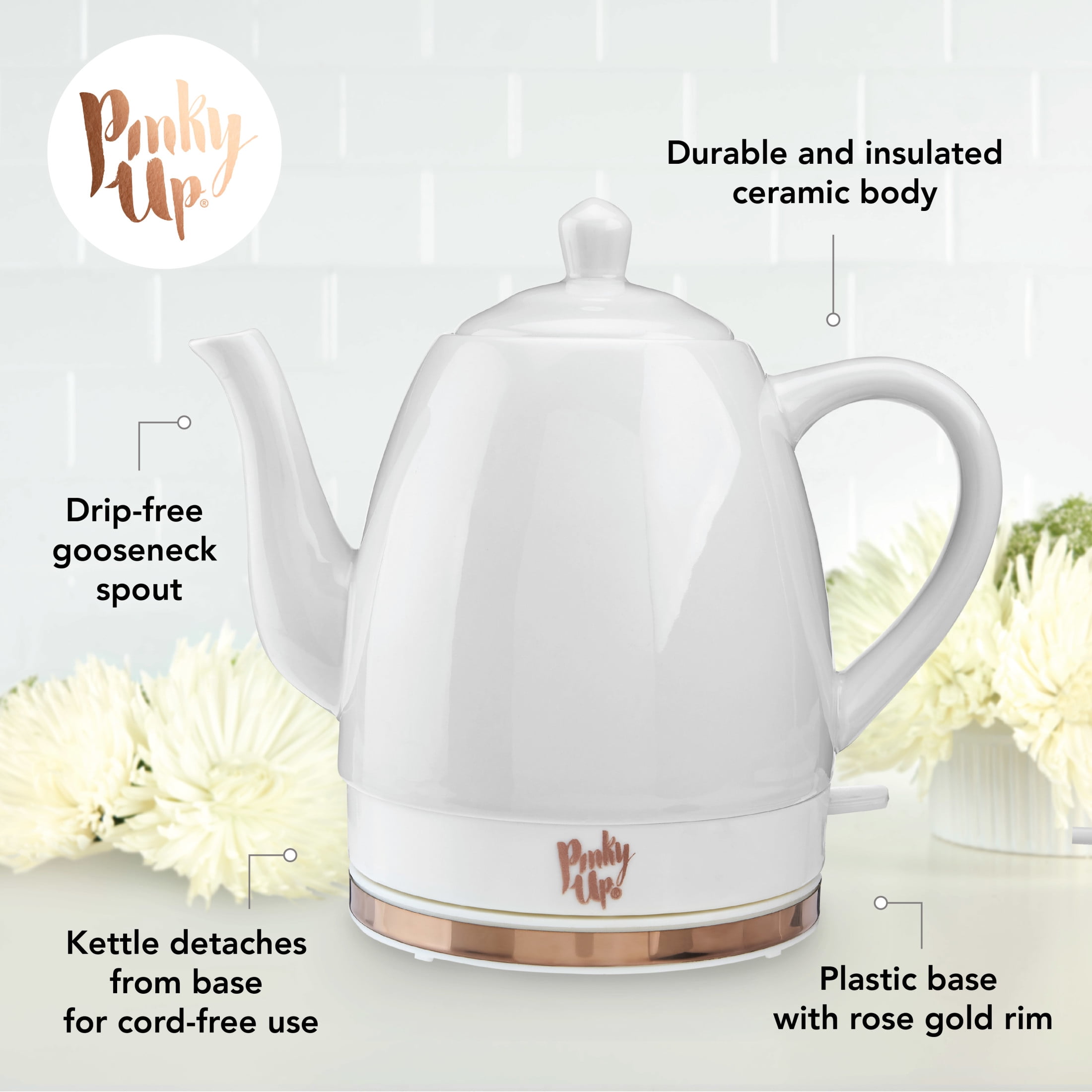 Pink Up Noelle Ceramic Electric Kettle for Hot Tea and Coffee, 1.5L, Gray