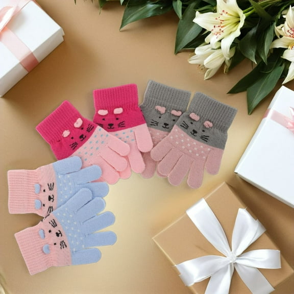 OFFIGAM Soft Acrylic Warm Gloves Cute Cat Design High-Density Knit for Winter Hand Warming