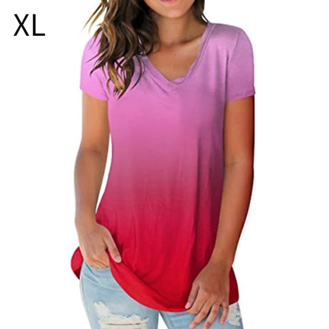 Camiseta de mujer con cuello en V, manga corta, gradiente superior, camiseta informal, rojo, XL kenally AP001652-14
