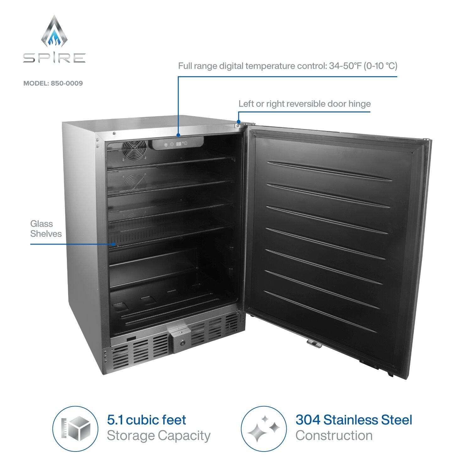 Spire 5.1 Cu Ft Built-In Refrigerator, Stainless Steel, Temp Control, 4 Shelves, Reversible Door, Indoor/Outdoor Use, Model 850-0009