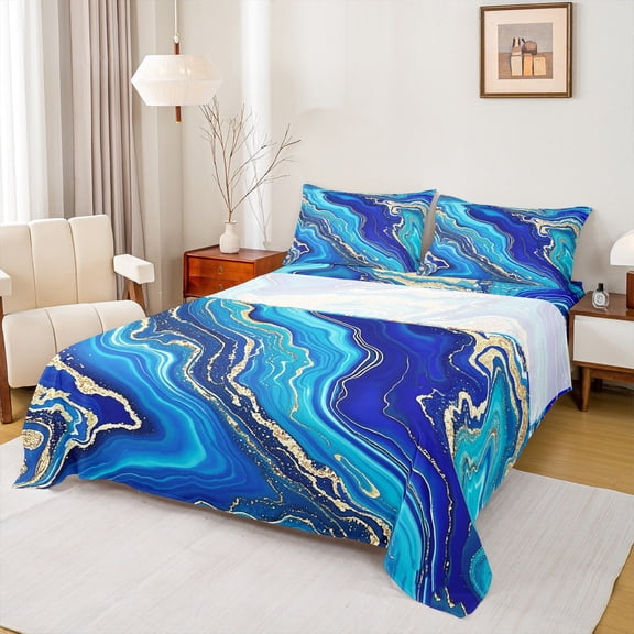 Manfei Blue Marble Sheet Set Twin, Modern Aesthetic Marbling Bedding Sets Twin Size, Watercolor Artwork Flat Sheet, Ultra Soft Bedroom Decor, 3pcs