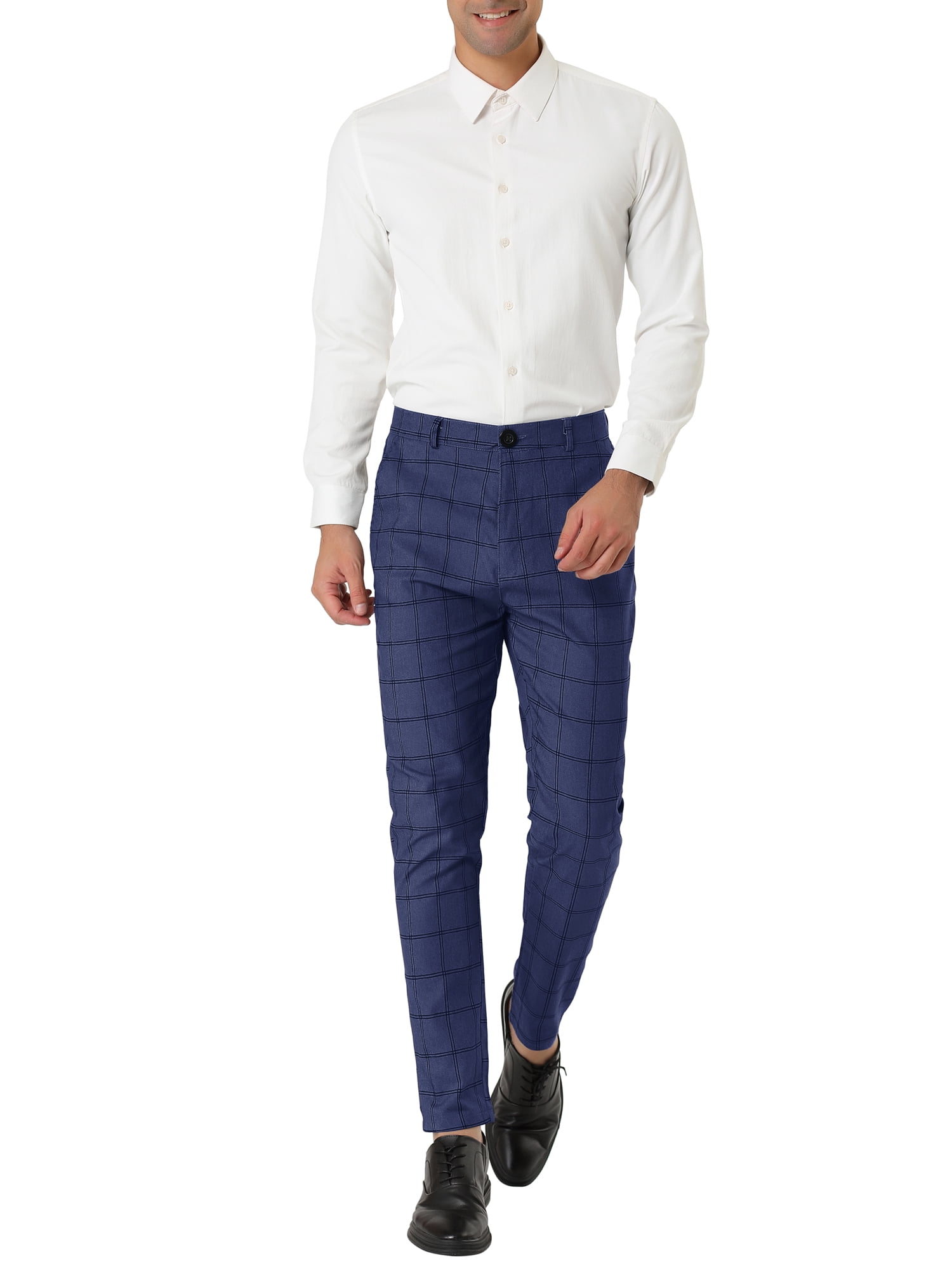 Unique Bargains Men's Slim Fit Plaid Business Pants Trousers with Pockets 36 Navy Blue