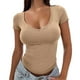 thumbnail image 1 of Camiseta ajustada con cuello en V y canalé para mujer - Blusa básica de punto de manga corta, poliéster, XS-XL, informal/para ir de compras/uso diario, para todas las estaciones, 1 of 7