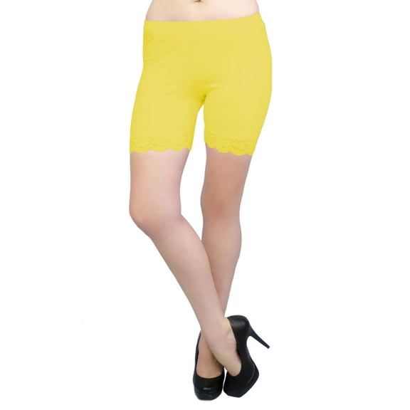 Vivian's Fashions Legging Shorts - Cotton, Lace Trim, Misses Size (Yellow, L)