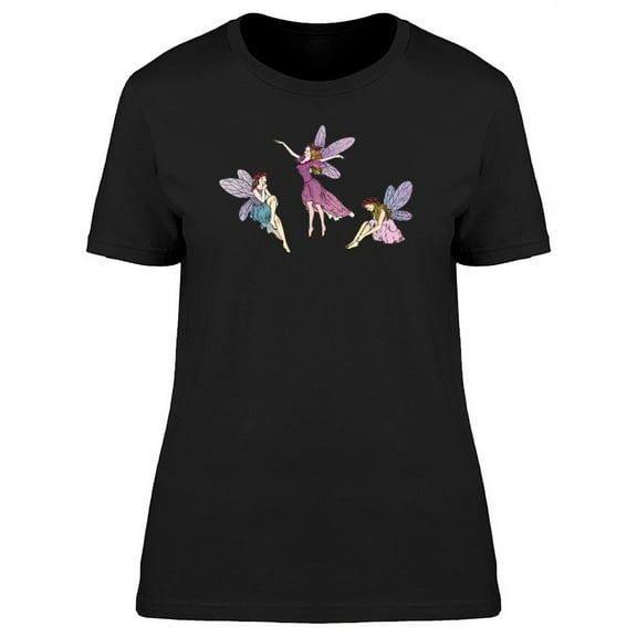Smartprints Womens Graphic Tee Black - Three Colored Young Fairies 100% Cotton Regular Fit