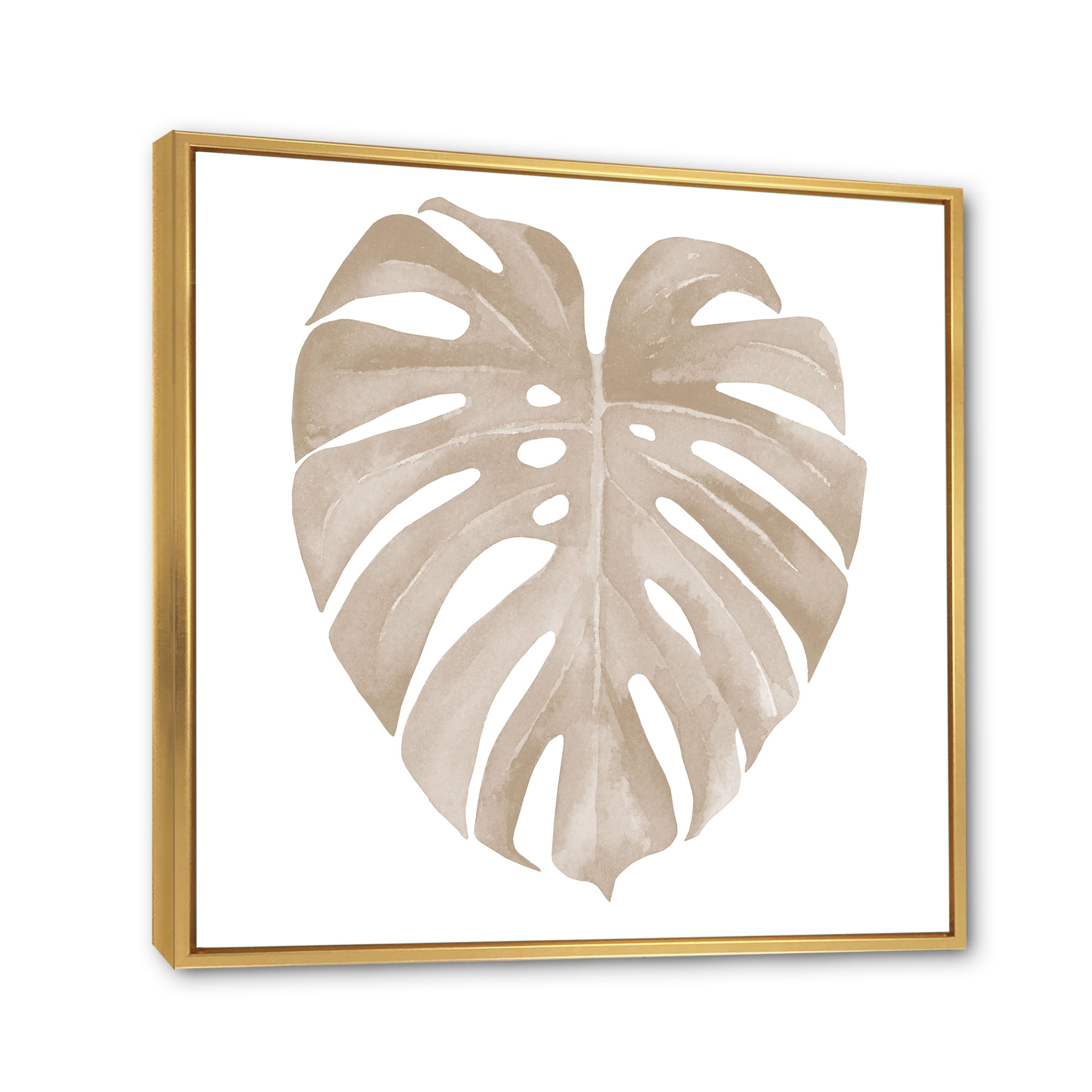 Designart 'Beige Ivory Pastel Monstera Heart Shaped Tropical Leaf' Traditional Framed Canvas Wall Art Print
