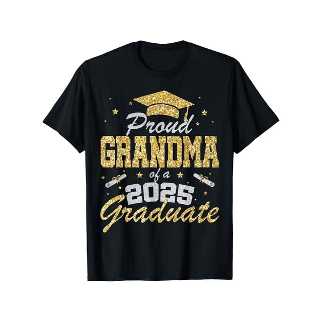 Camiseta "Abuela Orgullosa de un Graduado de 2025" - Tejido de algodón negro con letras doradas brillantes, birrete de graduación y diseño champán - Camiseta informal de cuello redondo y manga corta p