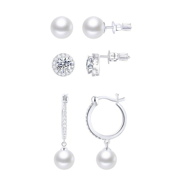 Believe by Brilliance Simulated Pearl and Cubic Zirconia Earring Trio in Fine Silver Plated Brass