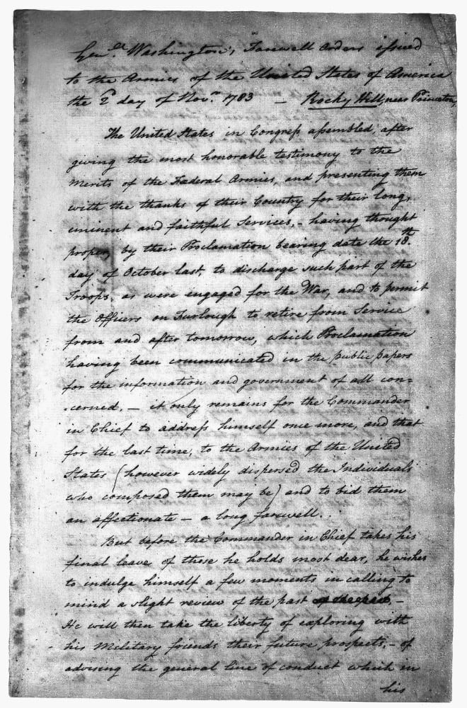 Washington Farewell 1783Npage One Of The Original Manuscript Of George 