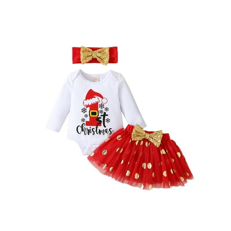

Binpure Baby Girls 3Pcs Christmas Outfits Long Sleeve Letter Romper + Bow Tutu Skirt + Headband Set
