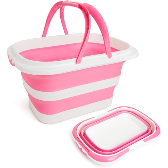 Large Collapsible Bucket for Cleaning, 4.2 Gallon (16L) Silicone Bucket with Handle & Hanging Hole, Foldable Space-Saving Mop Bucket for Home, Storage. Car Wash, Camping, Beach (Pink White)