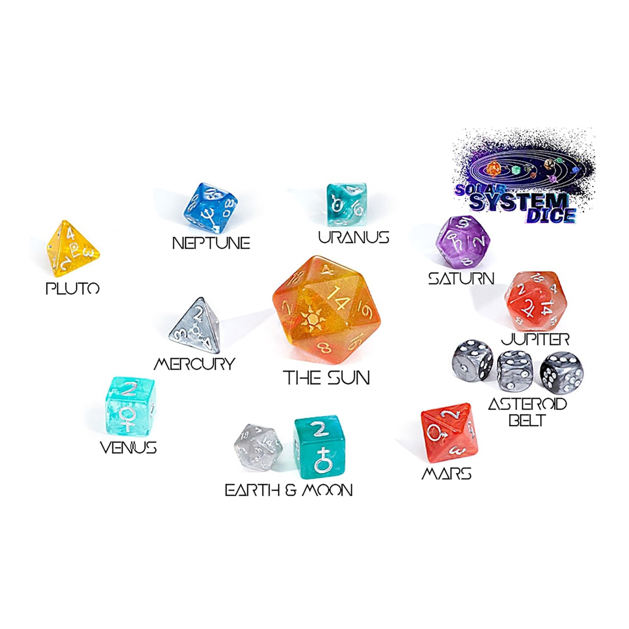 Solar System Dice - 14pc RPG Resin Set, Unique Die For Each Planet Or Solar System Object, Greek-Medieval Astronomy Symbols