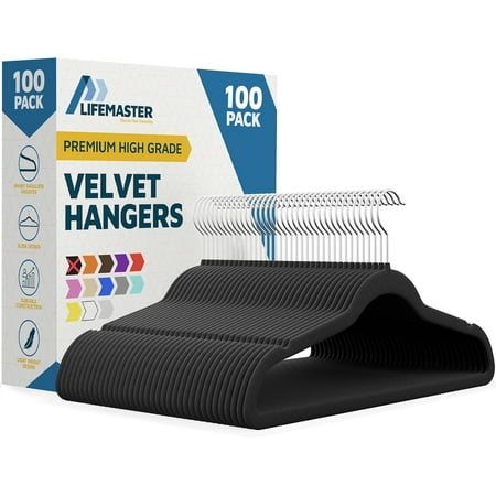 Lifemaster Velvet Clothes Hangers – With 360 Degree Swivel Hook & Non-Slip Shoulder Notch, Holds Up To 10 lbs, Heavy Duty Hanger Set, For Organizing Suit, Dress, Coat, and Clothes, Pack of 100,Black