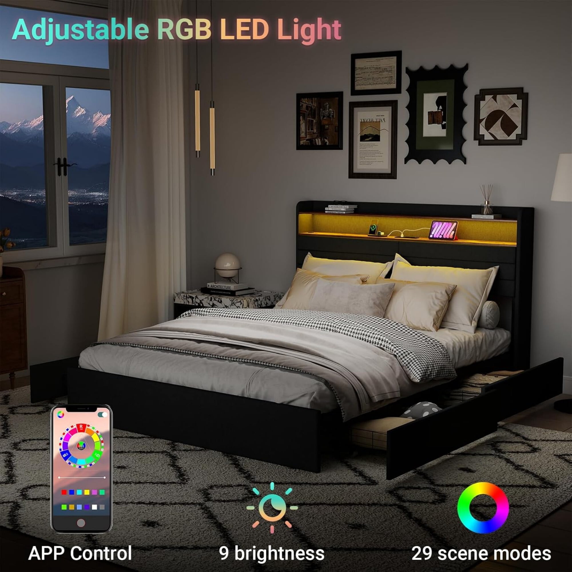 AENKYO Queen Upholstered Platform Bed Frame with Charging Station, Storage Headboard, 4 Drawers, LED Light, Dark Gray