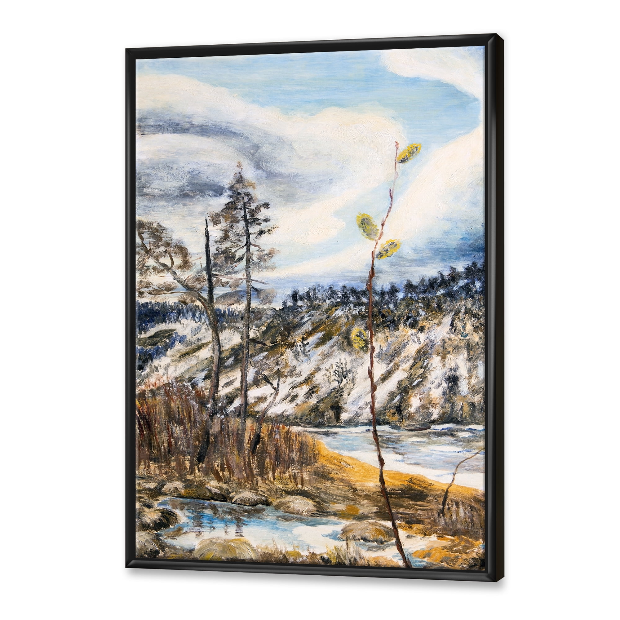 Designart 'The Cloudy Sky and The River With Spring Landscape' Lake House Framed Canvas Wall Art Print
