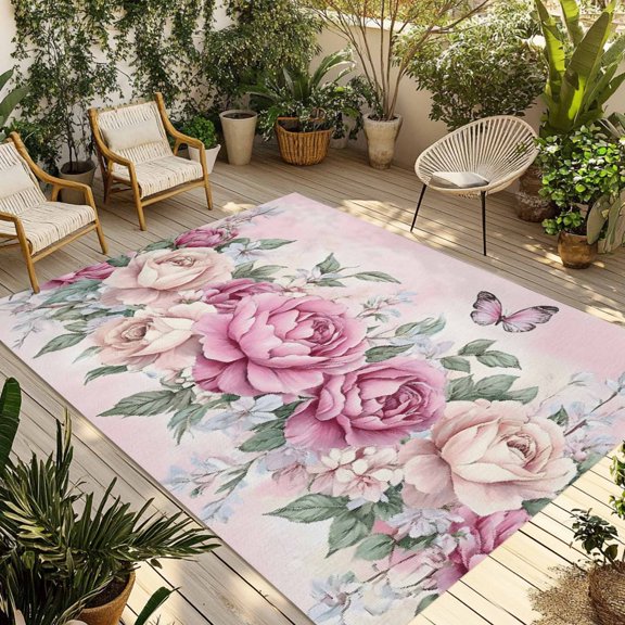 Fsddascl Watercolor Pink Floral Outdoor Rug for Patio/Deck/Porch, Non-Slip Large Area Rug 4 x 6 Ft, Spring Romantic Roses Butterfly Indoor Outdoor Rugs Washable Area Rugs, Camping Rug Carpet