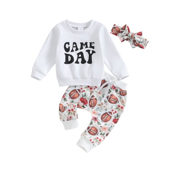Wassery Kids Girl Fall Outfits Set Clothes 6M 1T 2T 3T Toddler Baby Girl Long Sleeve Letters Sweatshirt Tops and Football Print Pants Headband 3Pcs Casual Autumn Clothing