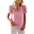 thumbnail image 1 of Blusa con cuello redondo y manga corta de encaje doble, plisada, color liso, blusa con recorte para mujer, dama, niña, rosa, S, 1 of 5