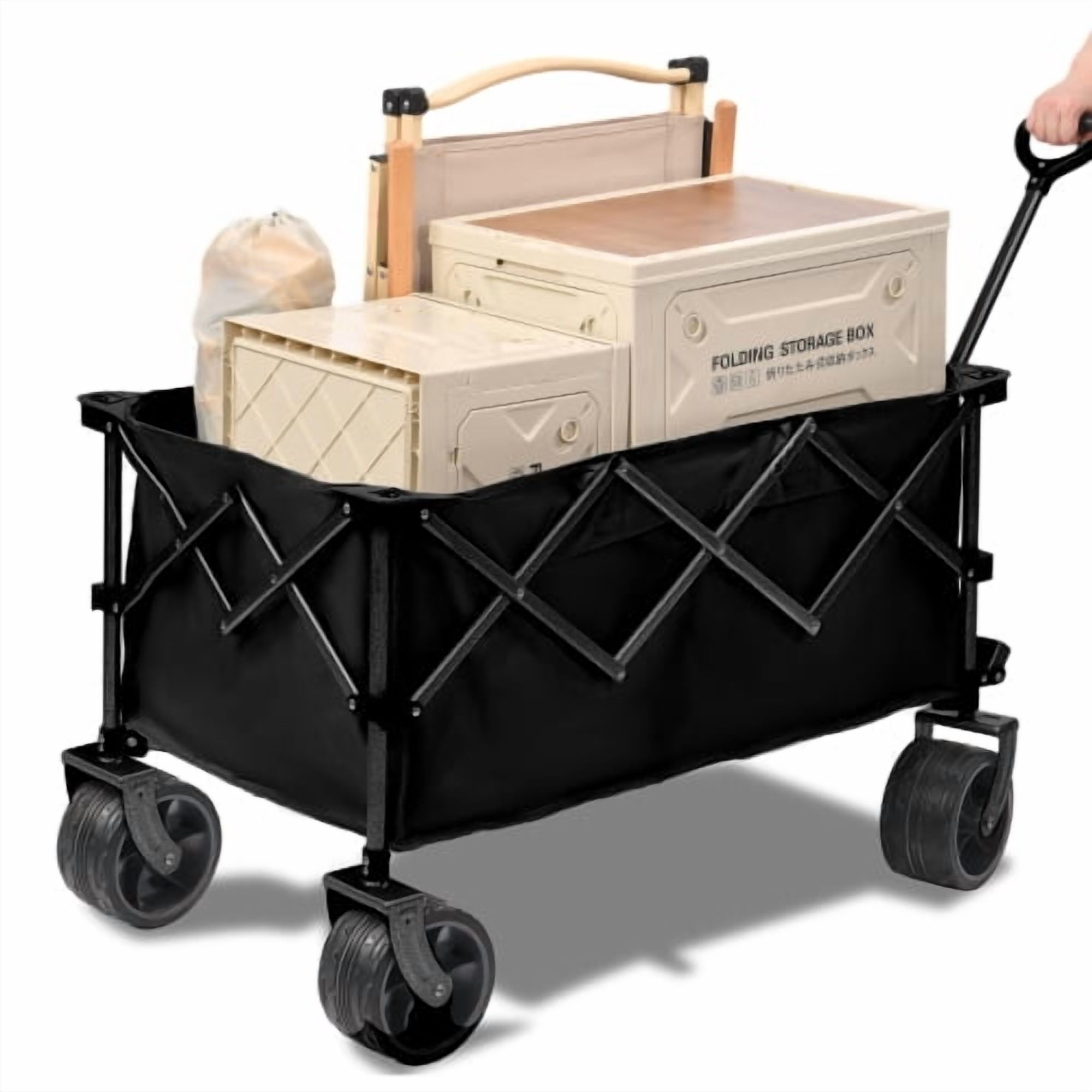 YINYUN 400L Collapsible Wagon, Folding Wagon Cart , Beach Wagon with Big Wheels, Heavy Duty Foldable Wagon, Large Capacity Wagon for Camping,Garden (Black)