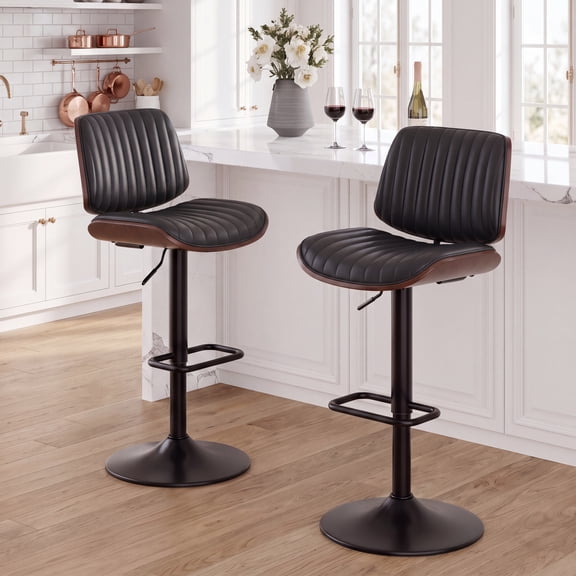 EOP Adjustable Swivel Bar Stools Set of 2, Faux Leather Upholstered Counter Height Chairs with Back Dining Barstools for Kitchen Island, Black