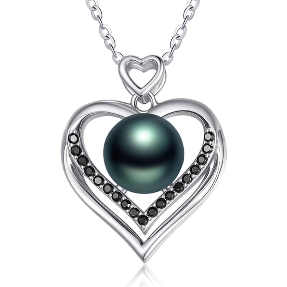 Saltwater Pearl Necklace Sterling Silver Tahitian Black Pearl Pendant Necklaces for Women Mom Mother Heart Jewelry Gifts for Women
