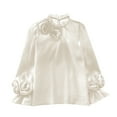 thumbnail image 2 of Beige Womens Blouses Women's Spring Solid Color Round Neck Three Flower Bubble Sleeve Long Sleeved Chiffon Shirt Ladies Tops and Blouses, 2 of 4