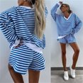 thumbnail image 5 of New Summer Women's Casual Striped Set: Long-Sleeved V-Neck Loose Top and Sports Shorts (2-Piece Set), 5 of 5