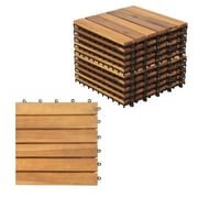 Wood Interlocking Flooring Tiles, Mosaic Pattern Patio Deck Tiles, 12''x12'' (10pcs), Solid Wood Acacia Deck Tiles for Garden Porch Indoor Outdoor (Natural Color, 12 Slats)