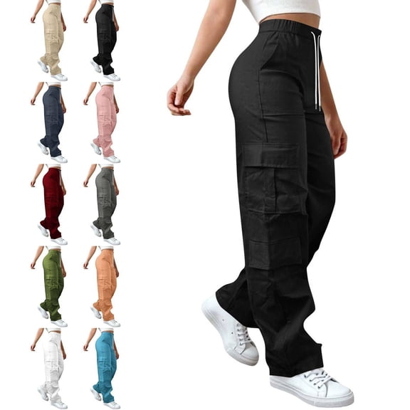 Uncuffed Cargo Pants Women Baggy Parachute Trouser Straight Leg Loose Fit Y2K Casual Gym Pants Black M
