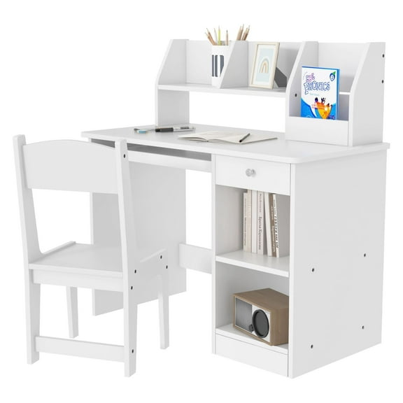 Kids Desk and Chair Set for 5-8 Year Olds with Storage, White Study Table and Chair