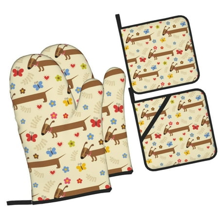 

Honeii Dachshund Dog And Flower Pattern Oven Mitts and Pot Holders Silicone Oven Gloves 500 F Heat Resistant Oven Mitts Sets 4PCS