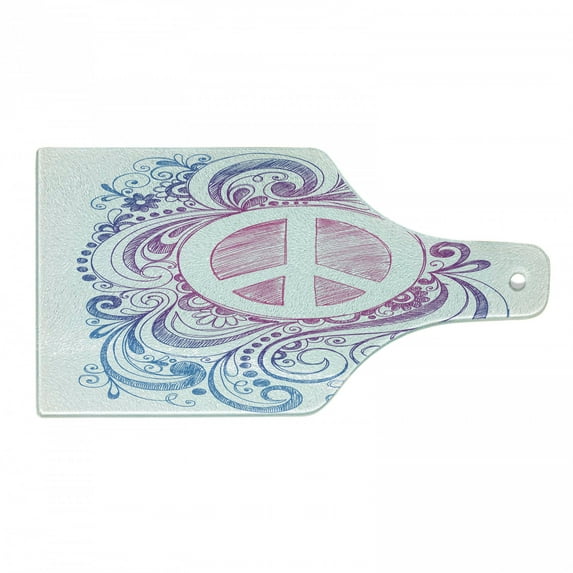 Groovy Cutting Board, Classic Hand Drawn Style Peace Sign and Swirls Freedom Change Hope Roll, Decorative Tempered Glass Cutting and Serving Board, Wine Bottle Shape, Pink Blue White, by Ambesonne