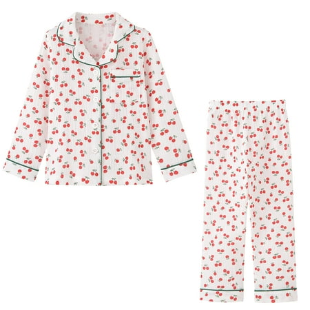

ACESTAR Toddler Baby Girl Pajama Set Boys Long Sleeve 100% Cotton Sleepwear 2 Piece Pjs Set for Kid - Button Down Loungewear (White Cherry 3T)